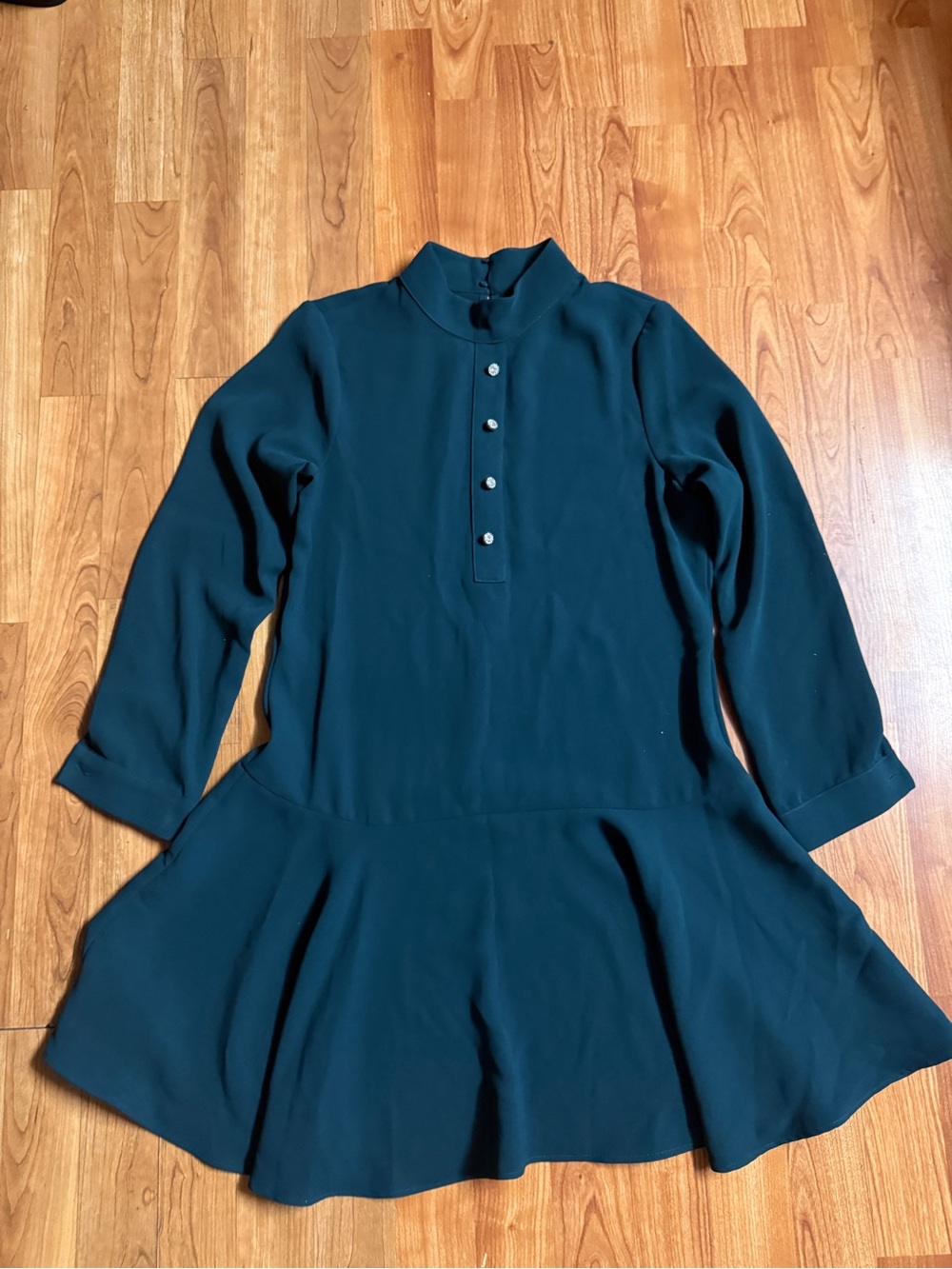 Zara Long-Sleeve Teal Mock-Neck Drop-Waist Dress